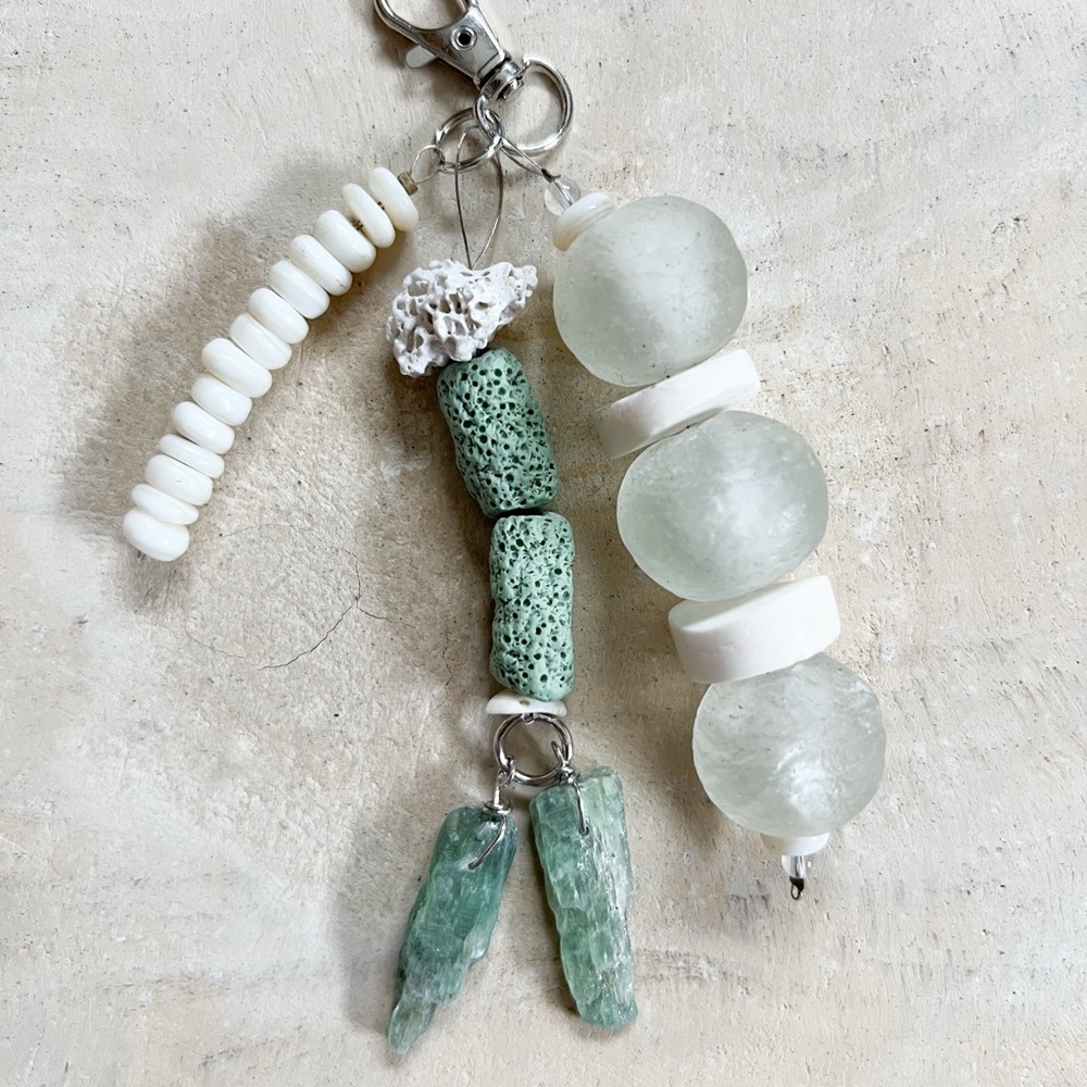 Boho Beaded Keychain with Green and White Accents